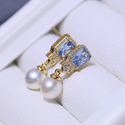 Clear Blue Zirconia Pearl Earrings - Gold vermeil / Sterling Silver